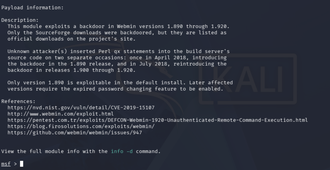 Información del exploit webmin_backdoor